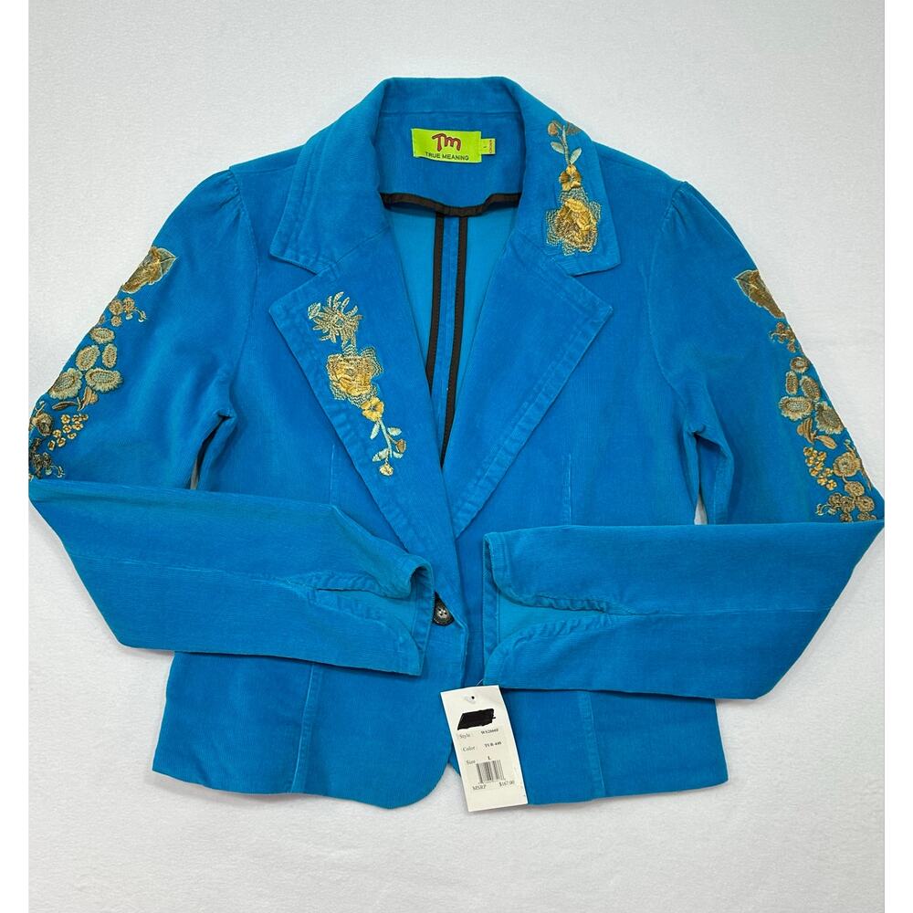 True Meaning Blue Corduroy Floral Embroidered Blazer Jacket Y2K Boho Large - Picture 6 of 12